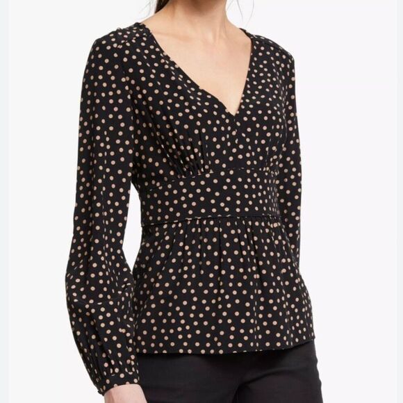 BODEN | Elsie Black Tan Polka Dots Peplum Long Sleeve Balloon Blouse Top | 14 R - Picture 1 of 9